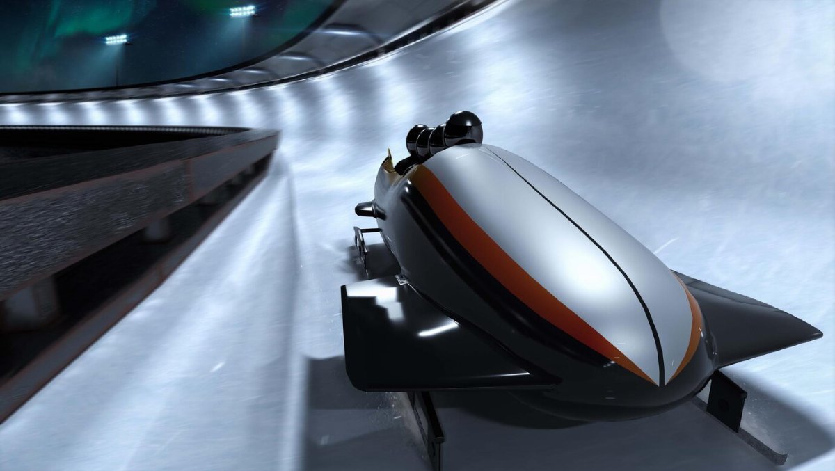A futuristic silver and orange sled speeding inside a metallic, sleek tunnel with green illuminated accents.