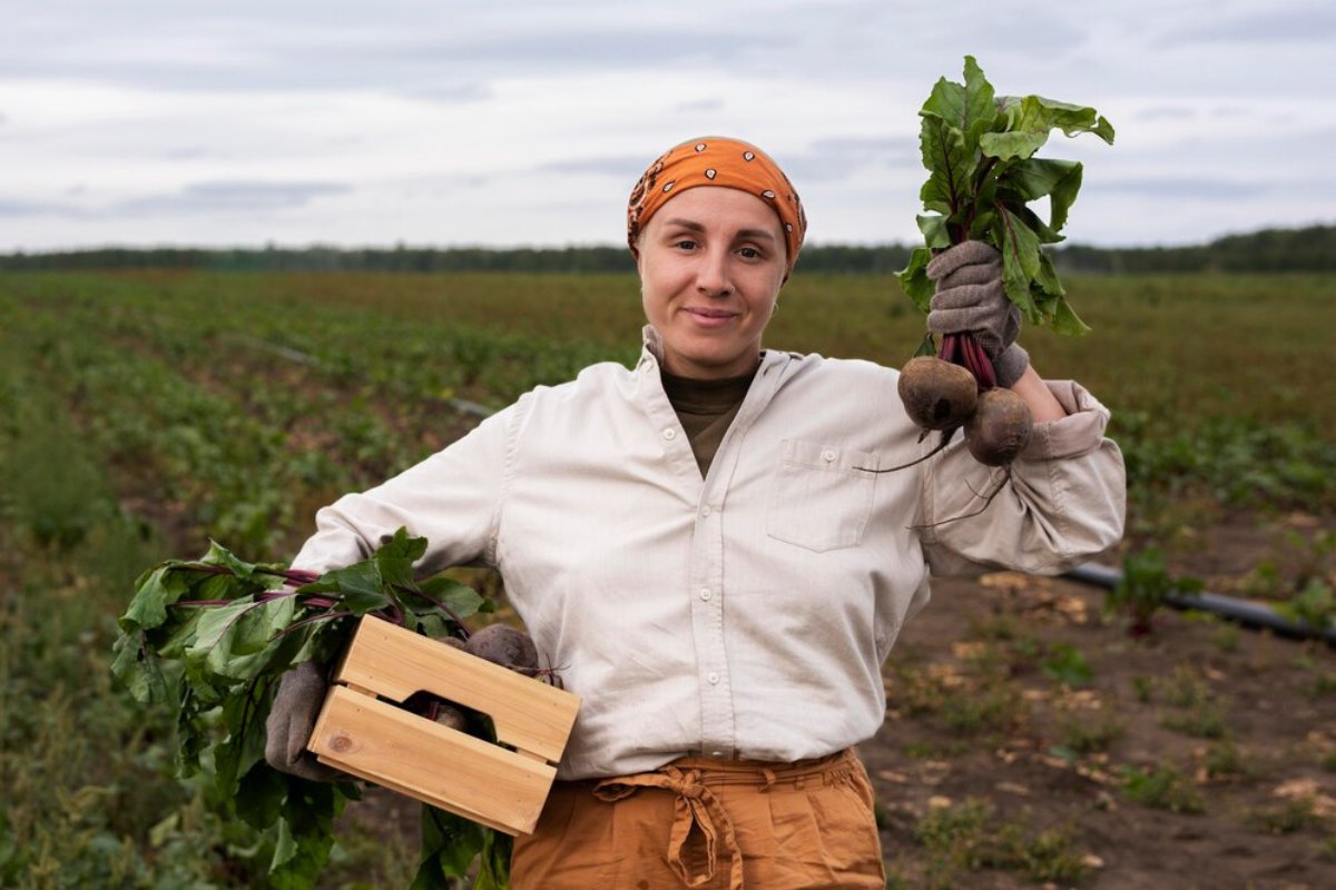 A farmer holding beets and a crate of vegetables in a field.