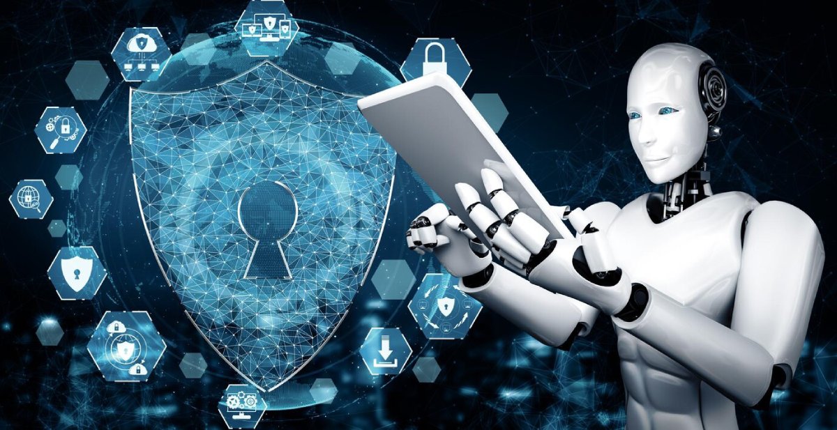 Robot with human-like face using a tablet, surrounded by digital icons of security and technology on a blue, networked background.