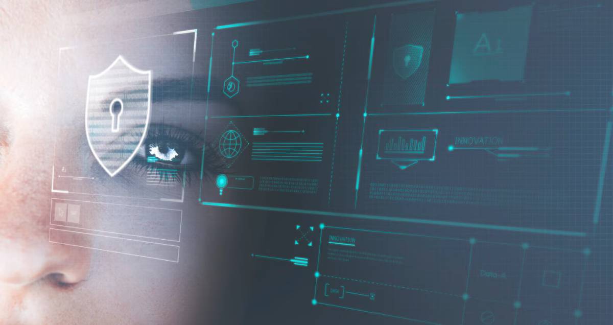 A digital interface displaying various graphical data, charts, and technology-themed icons in blue and black tones.