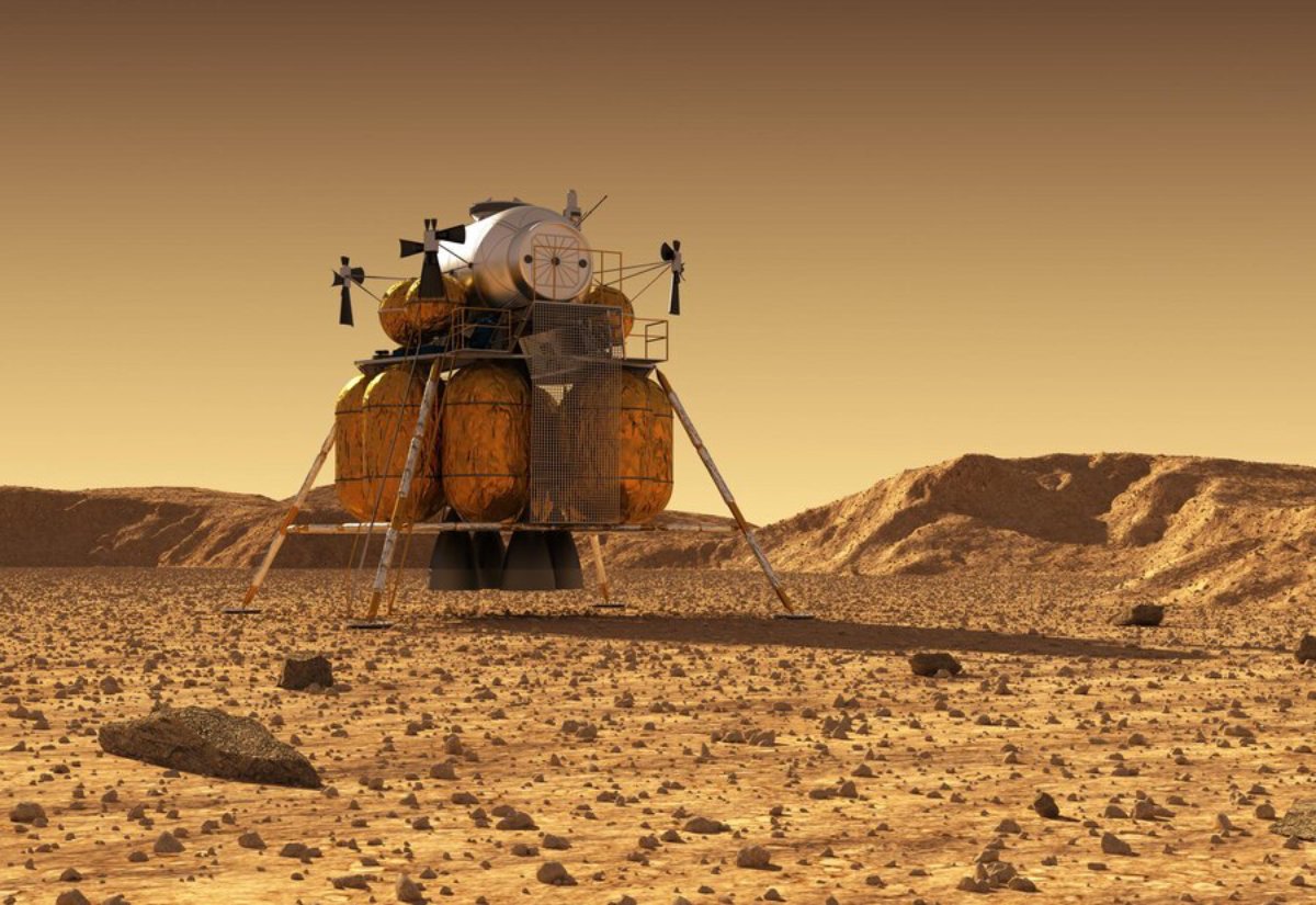 Illustration of a space lander surrounded by rocks on a dusty Martian landscape.