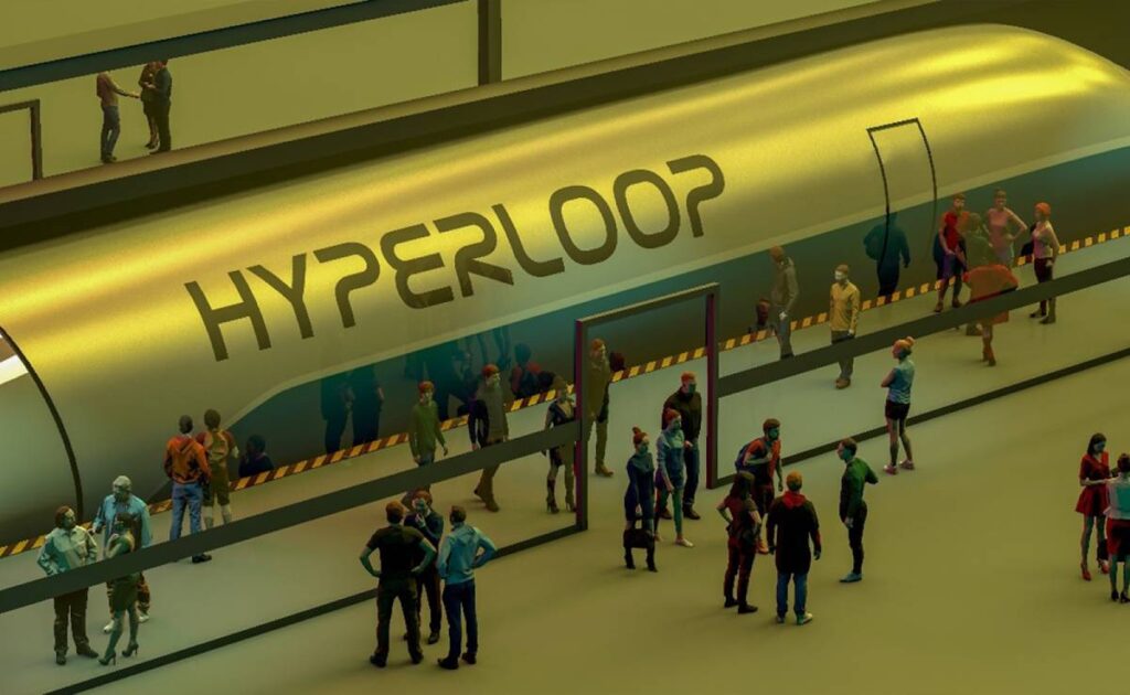 People boarding and walking around a Hyperloop station, featuring a large capsule with the word "HYPERLOOP" illuminated on the side.
