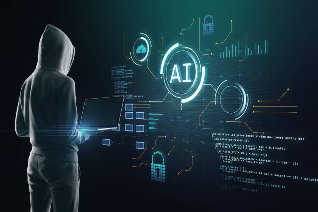 A person in a hooded sweatshirt using a laptop with futuristic AI and data graphics in the background.