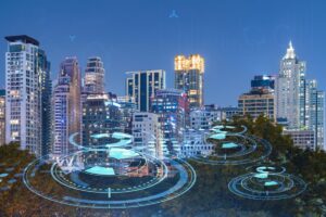 A futuristic city skyline at night, overlaid with glowing digital network rings and icons suggesting advanced technology and connectivity.