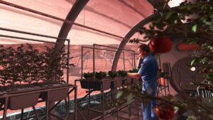 A man tending to plants in a greenhouse with a Martian landscape visible through the dome.