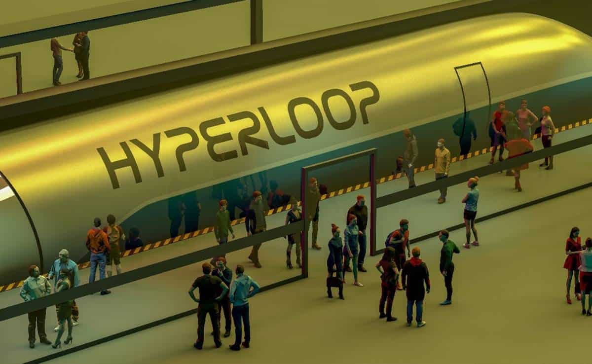 People boarding and walking around a Hyperloop station, featuring a large capsule with the word "HYPERLOOP" illuminated on the side.