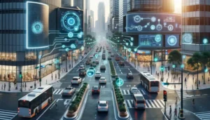 Futuristic city street bustling with people and vehicles
