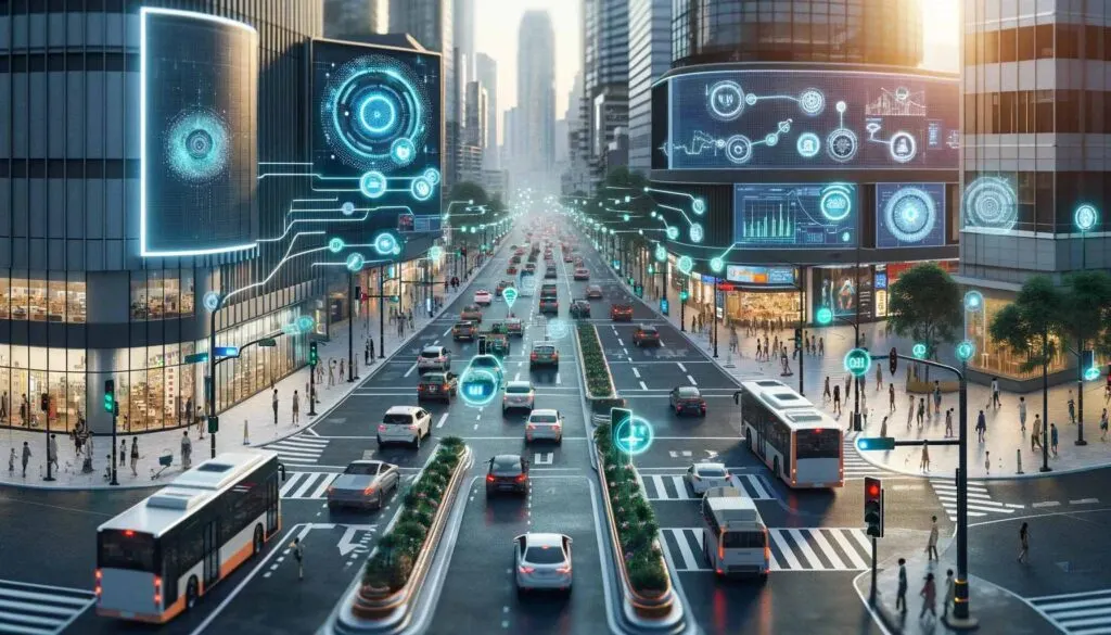 Futuristic city street bustling with people and vehicles