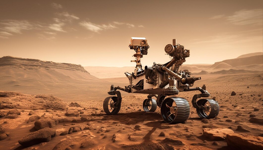A Mars rover exploring the rocky, dusty surface of the red planet with mountains in the background.