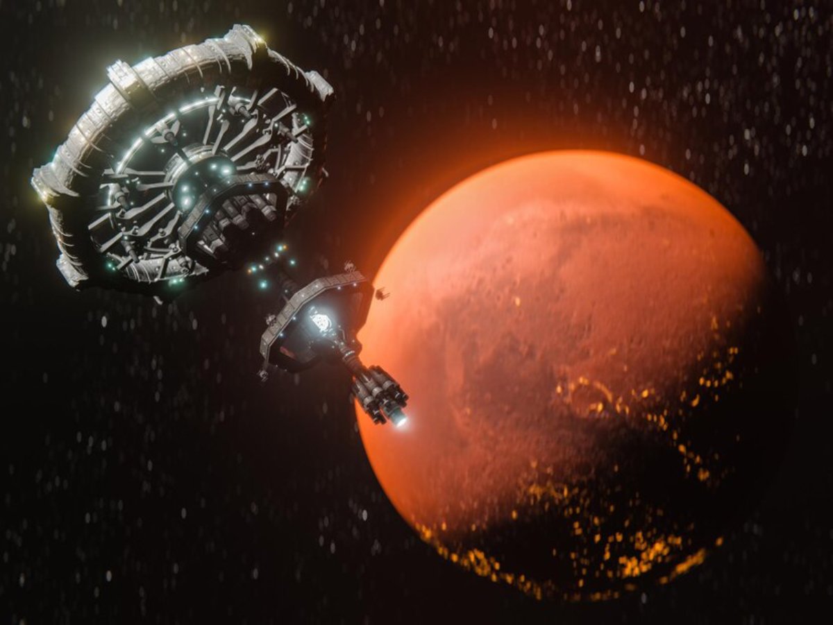 A futuristic space station hovers near Mars, glowing against a starry backdrop, highlighting space exploration's allure.