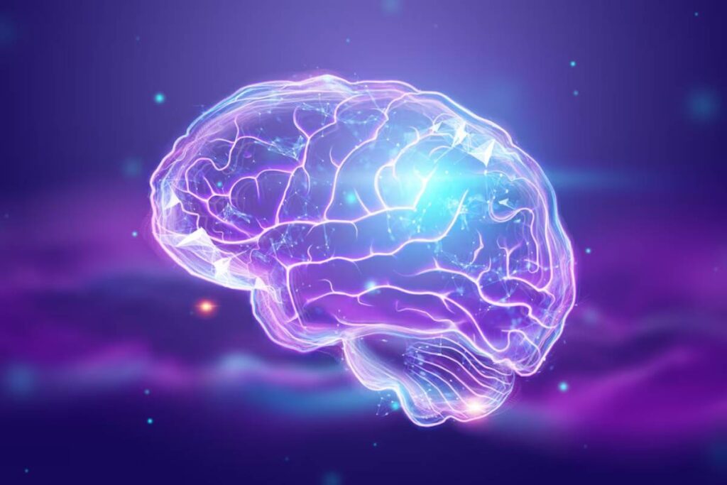 A glowing, translucent brain with intricate neural patterns, set against a vibrant, cosmic purple background.